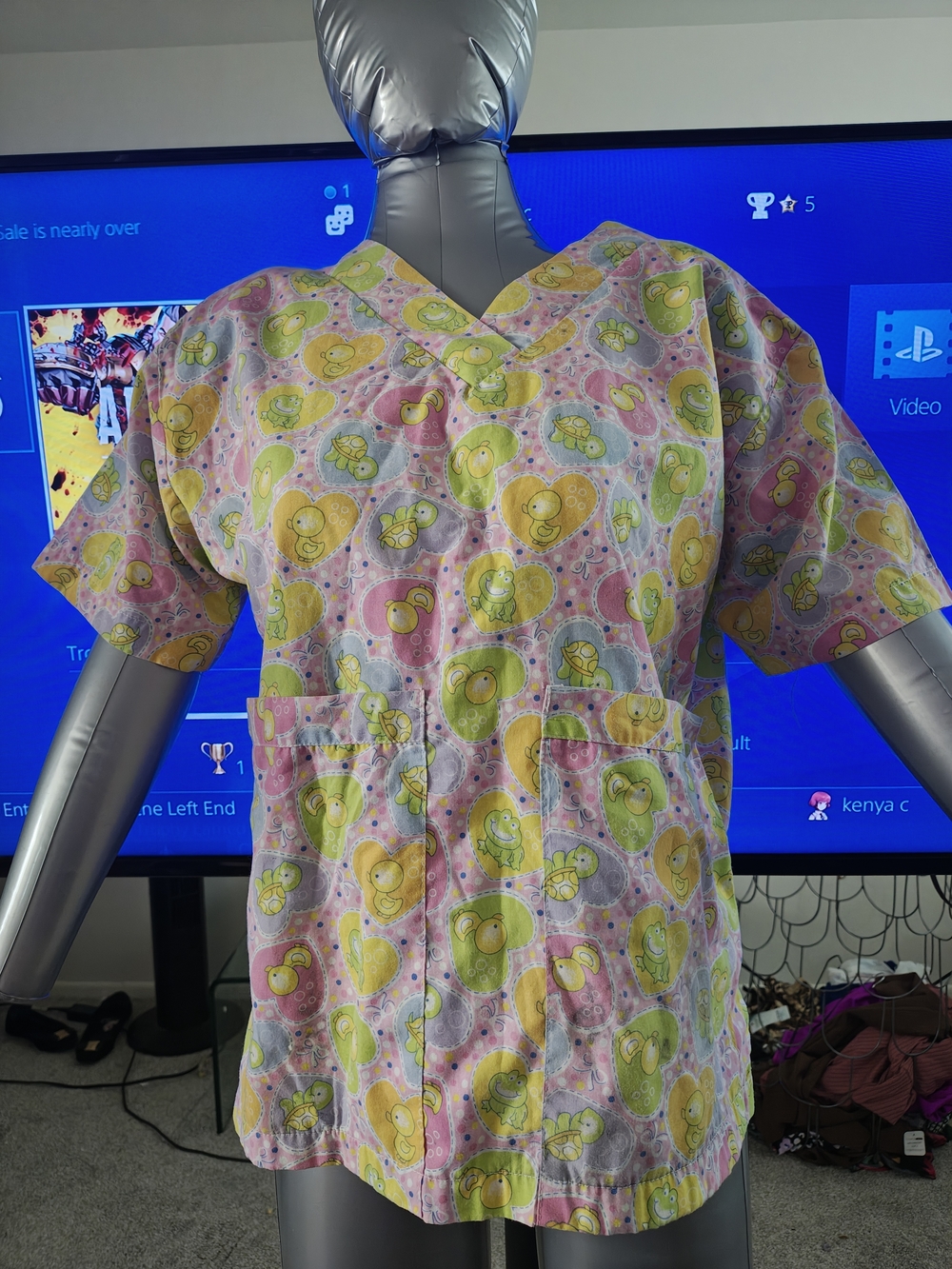 Pastel Heart & Bear Print Medical Scrub Top - Pink, Yellow, Green